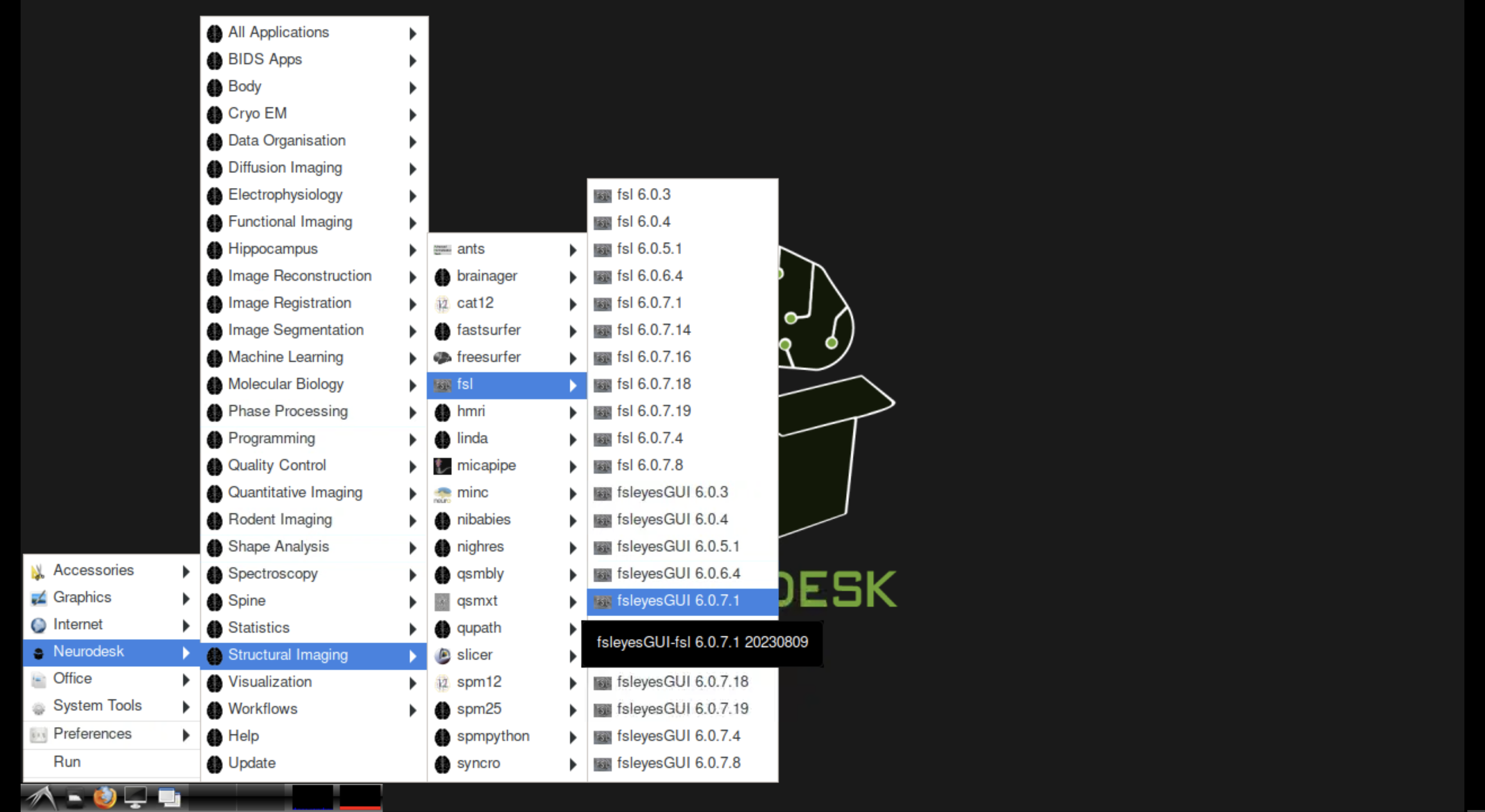 Neurodesktop application menu with tool categories