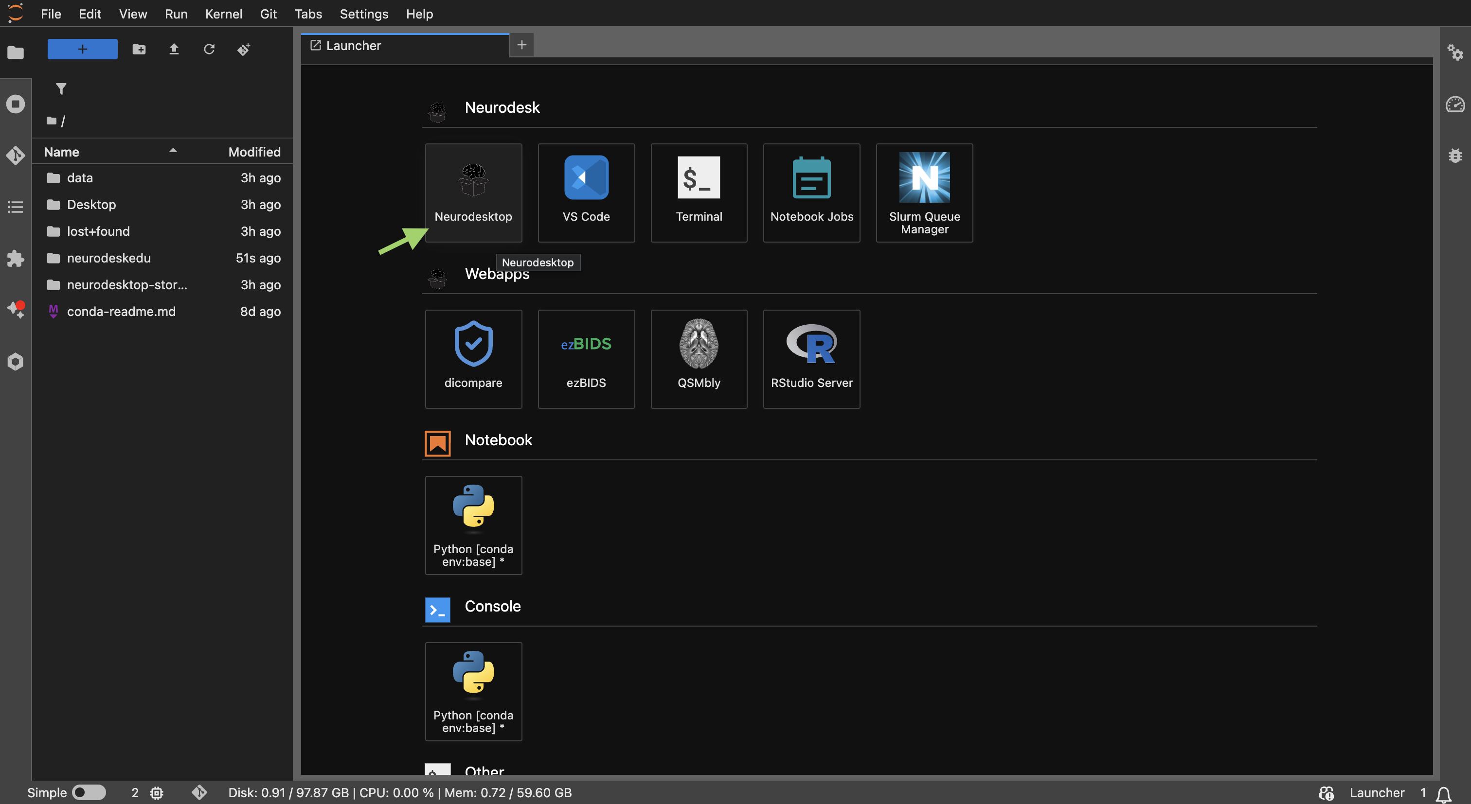 The JupyterLab Launcher with the Neurodesktop button highlighted