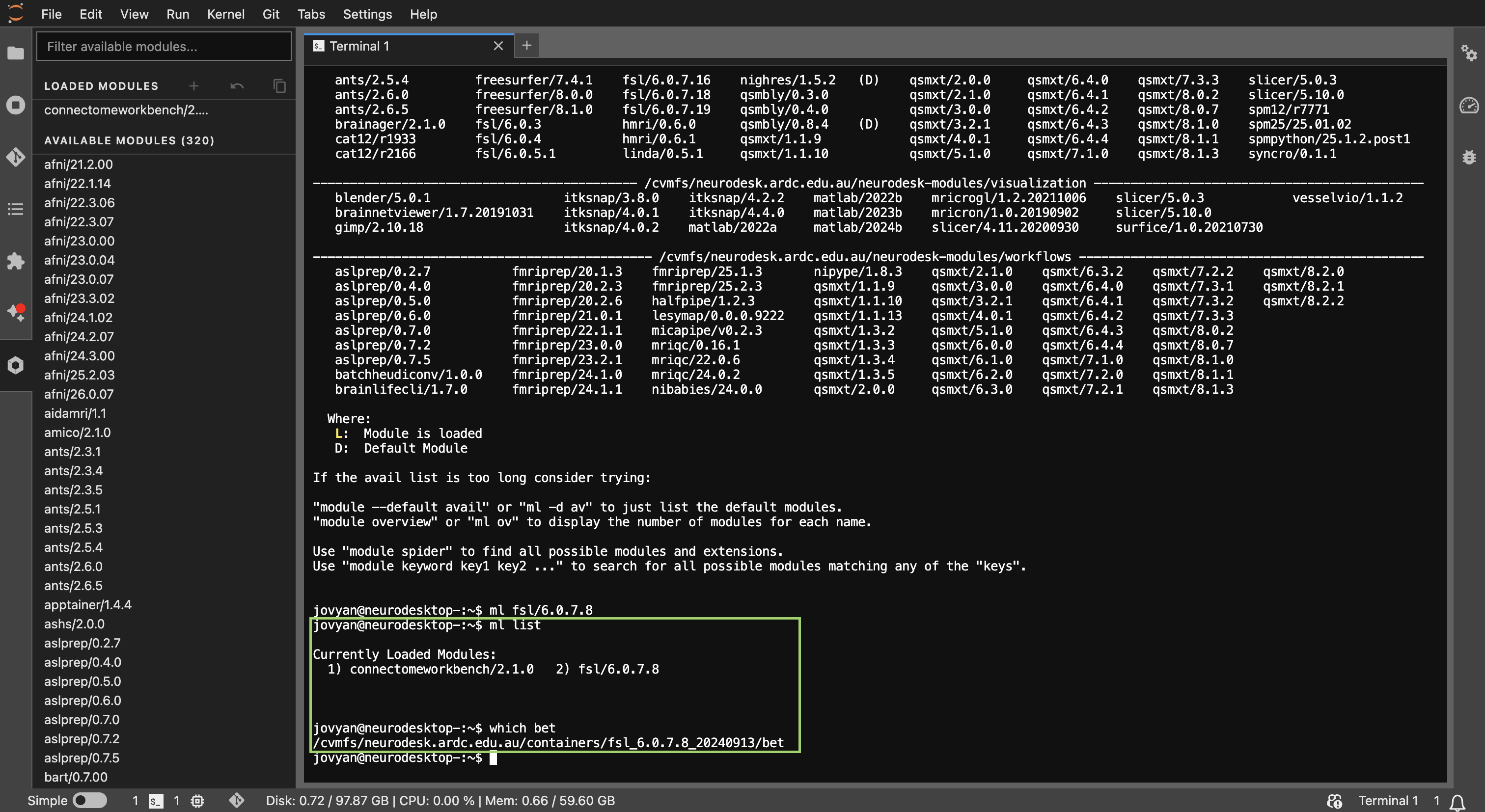 Terminal output of ml list showing both Connectome Workbench and FSL containers loaded