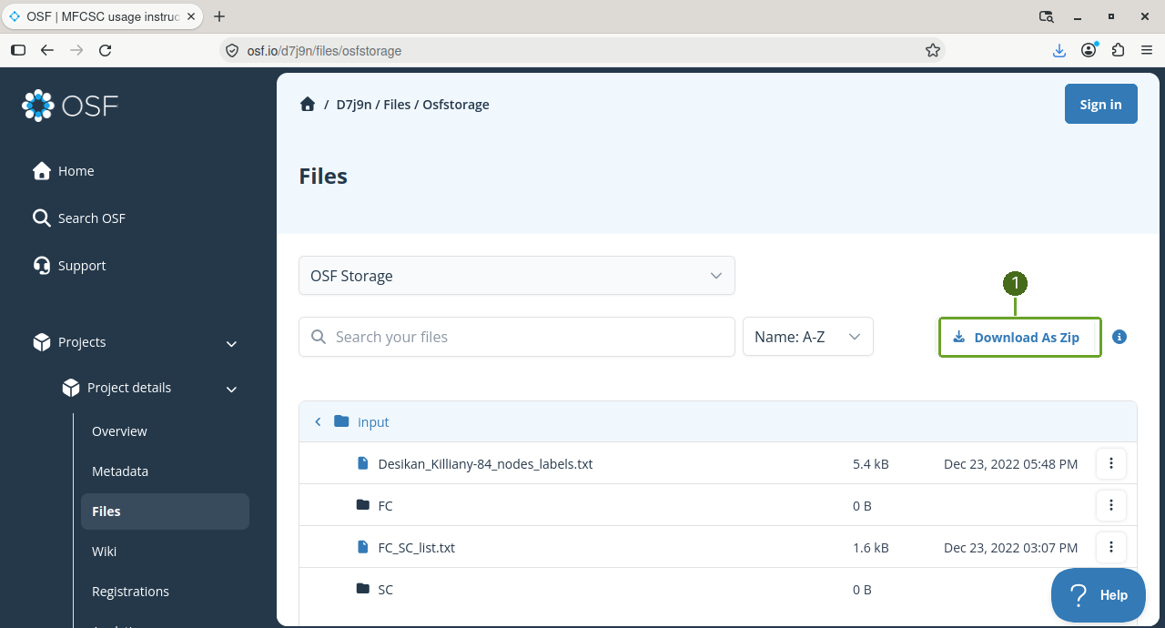 Download the selected OSF folder as a Zip archive