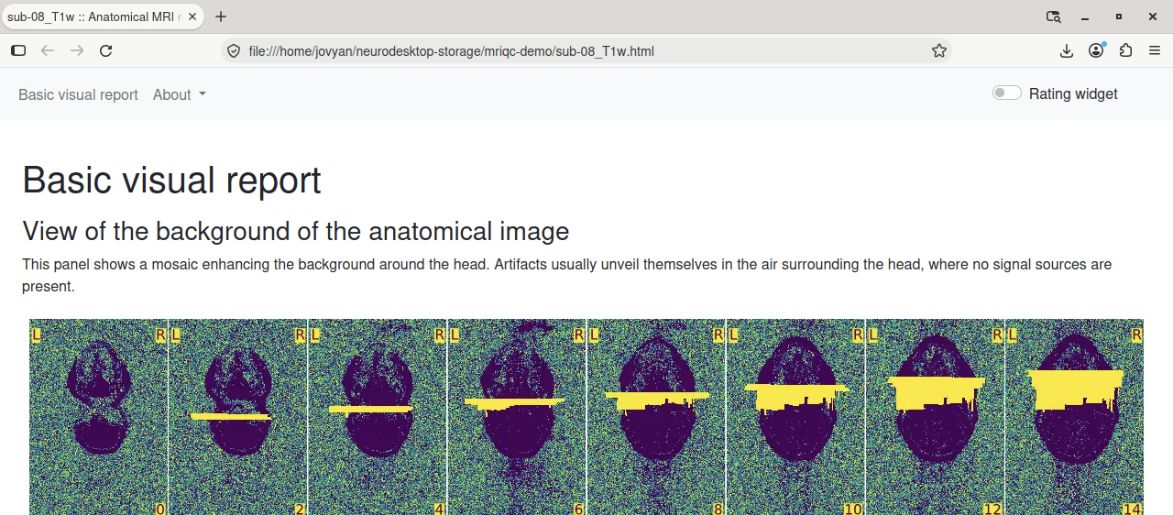 The generated MRIQC report opened in Neurodesk Firefox