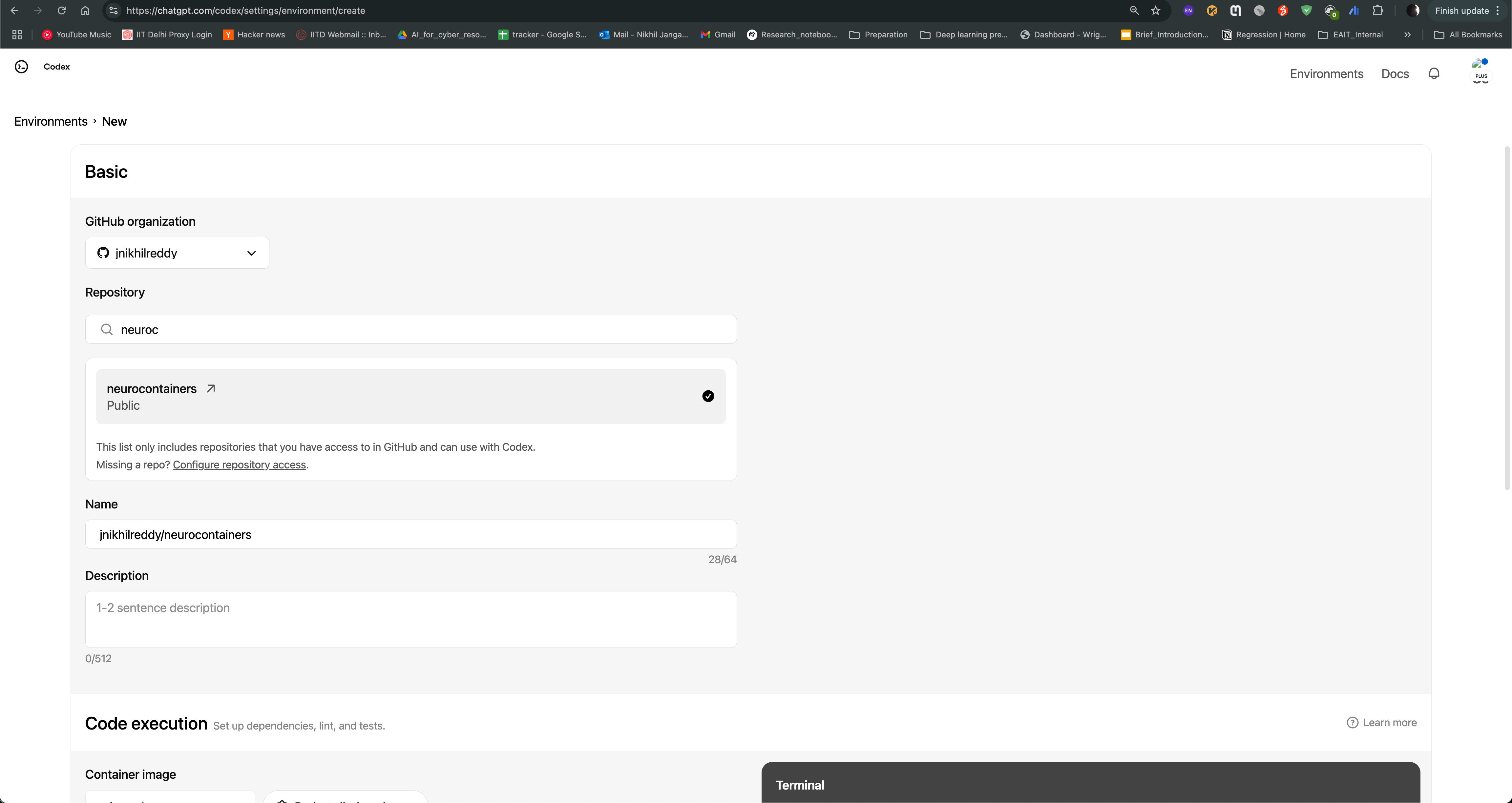 Create Codex environment