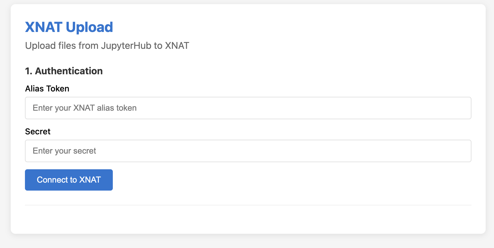 XNAT Upload authentication form for entering an alias token and secret