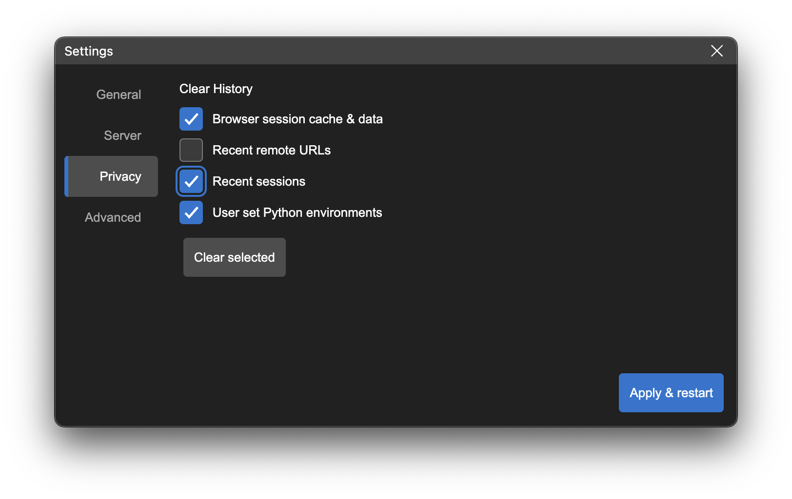 Settings privacy tab showing Clear History option
